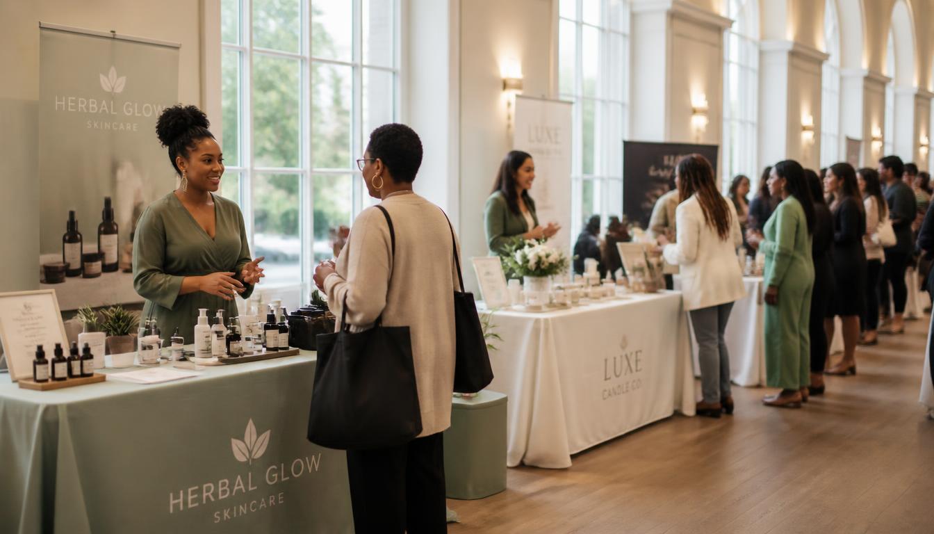 Professionals networking and visiting vendor booths at a Bloom and Build Collective event